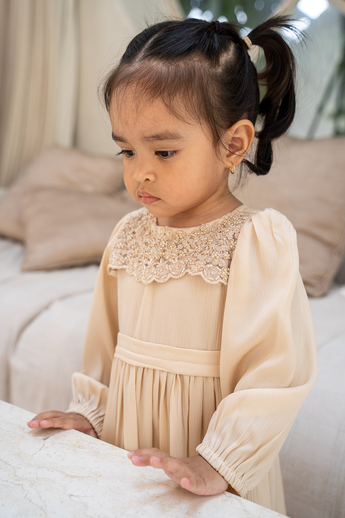 Cream Belted Embellished Baby Dress
