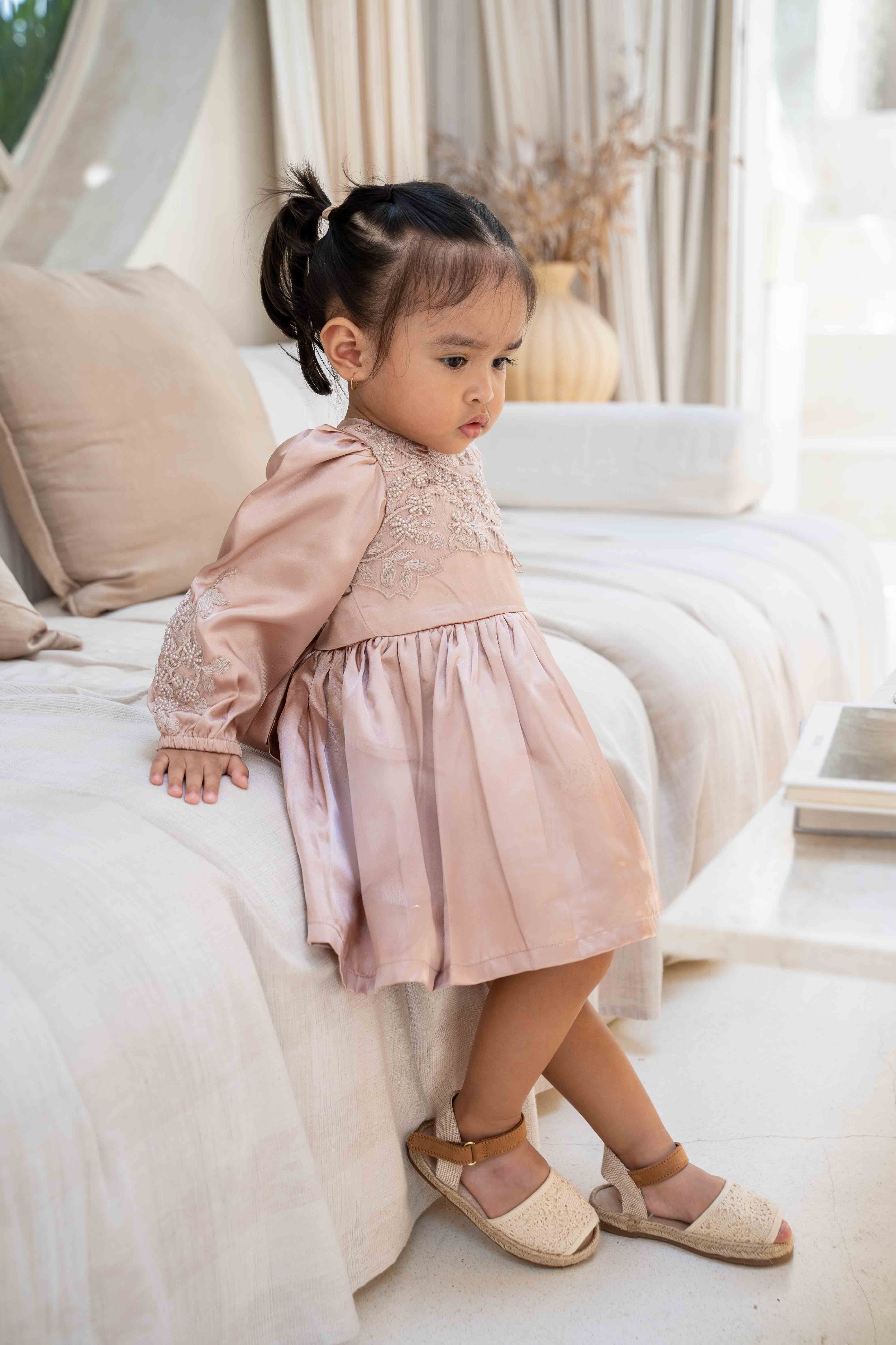 Blush Pink Embroidered Satin Baby Dress