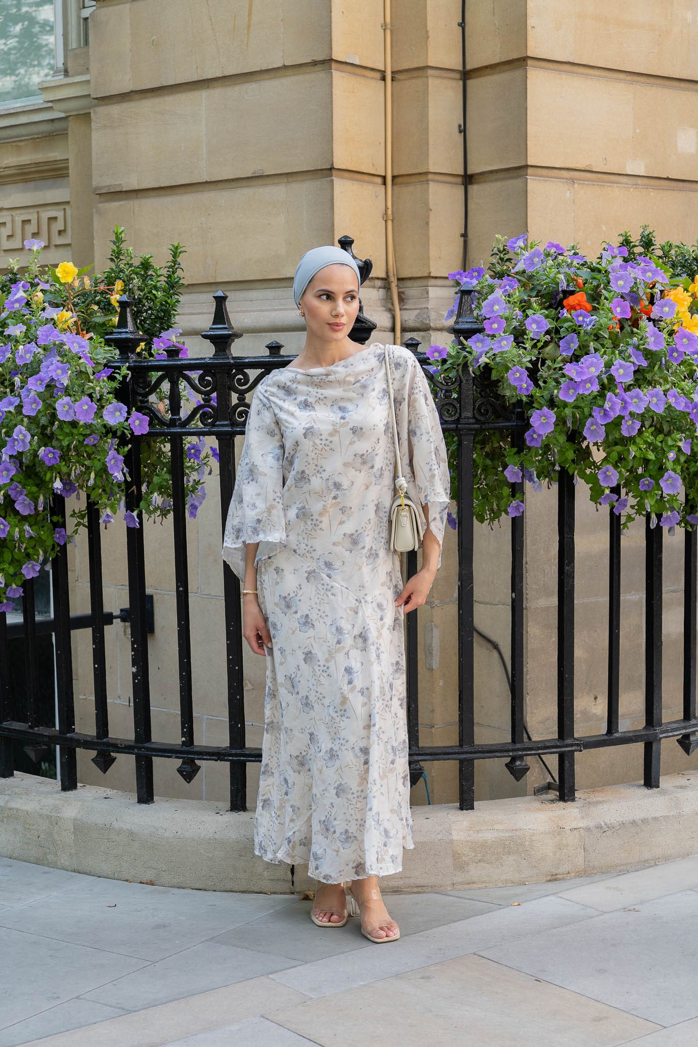 Chic Ivory Floral Maxi Dress with Flowing Bell Sleeves