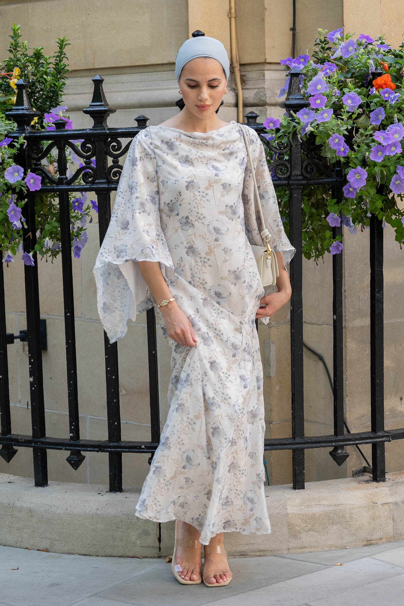 Chic Ivory Floral Maxi Dress with Flowing Bell Sleeves