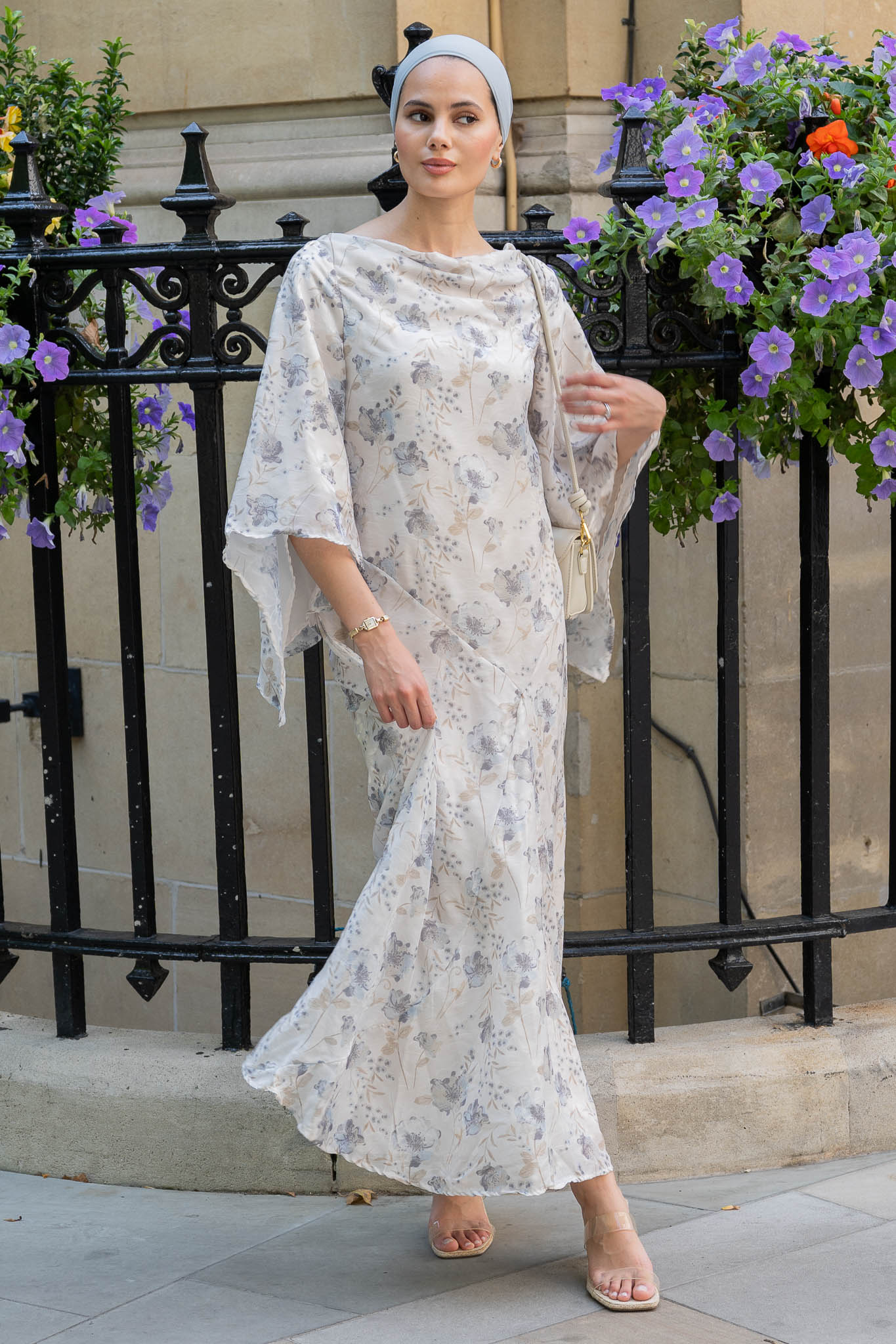 Chic Ivory Floral Maxi Dress with Flowing Bell Sleeves