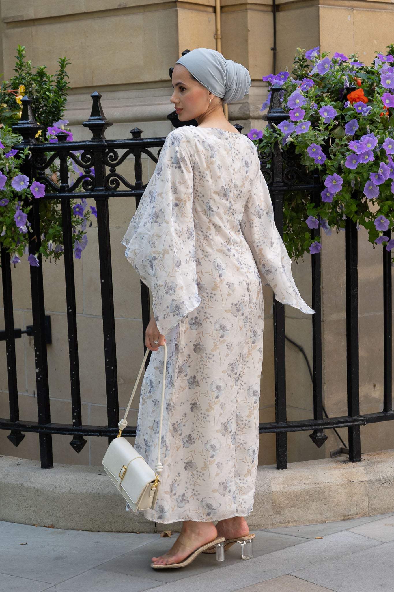 Chic Ivory Floral Maxi Dress with Flowing Bell Sleeves