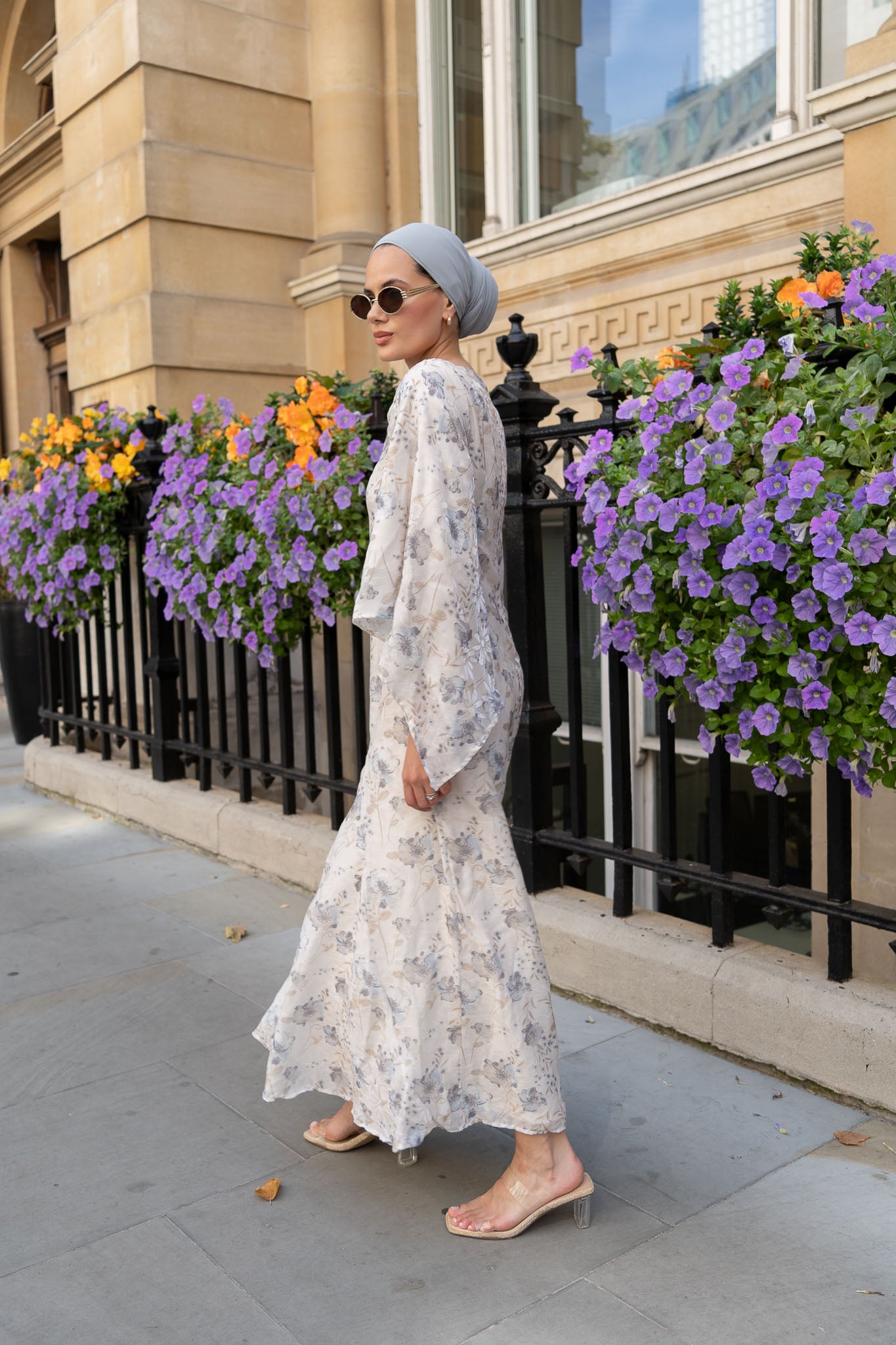 Chic Ivory Floral Maxi Dress with Flowing Bell Sleeves