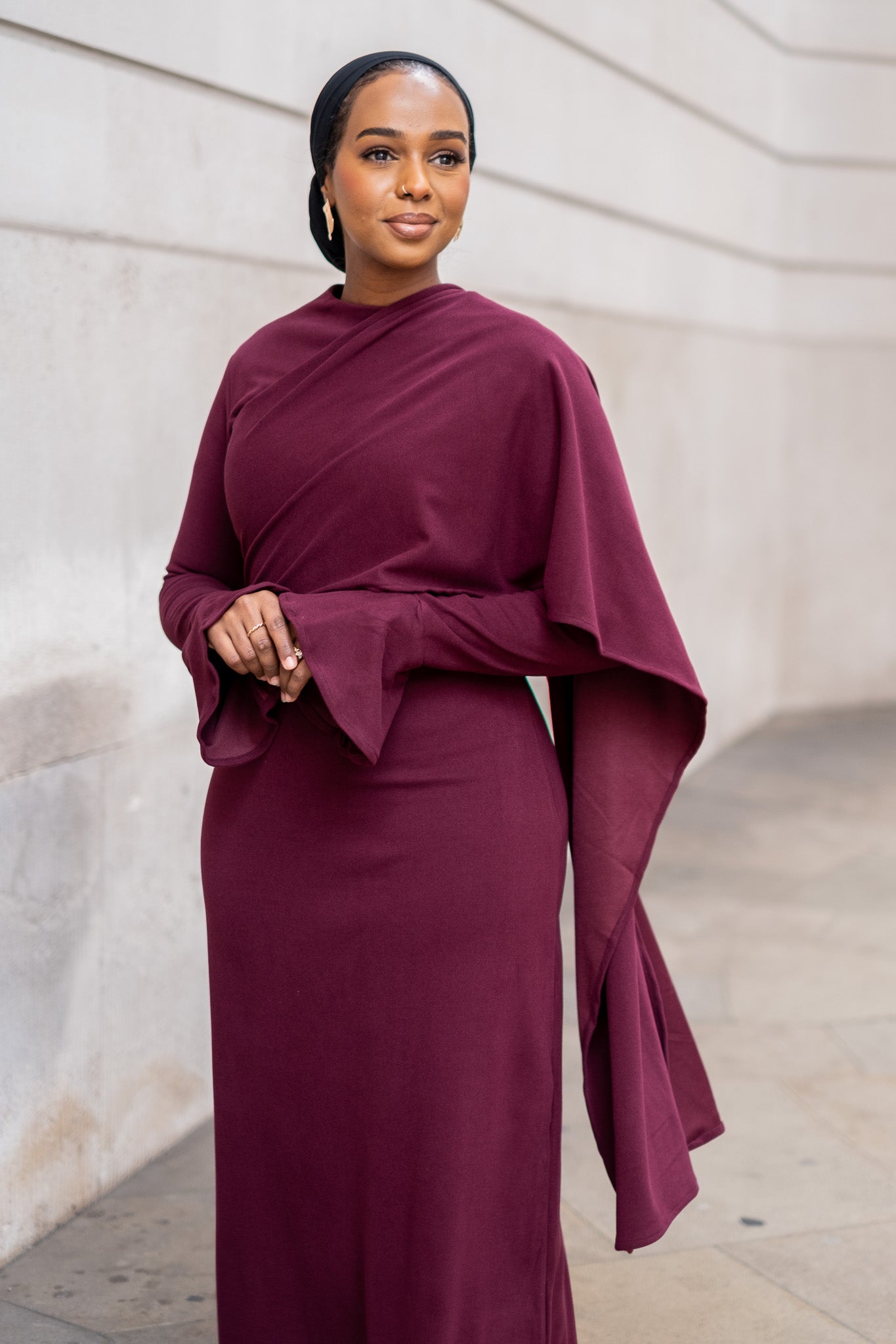 Plum Elegance Modest Dress with Shawl