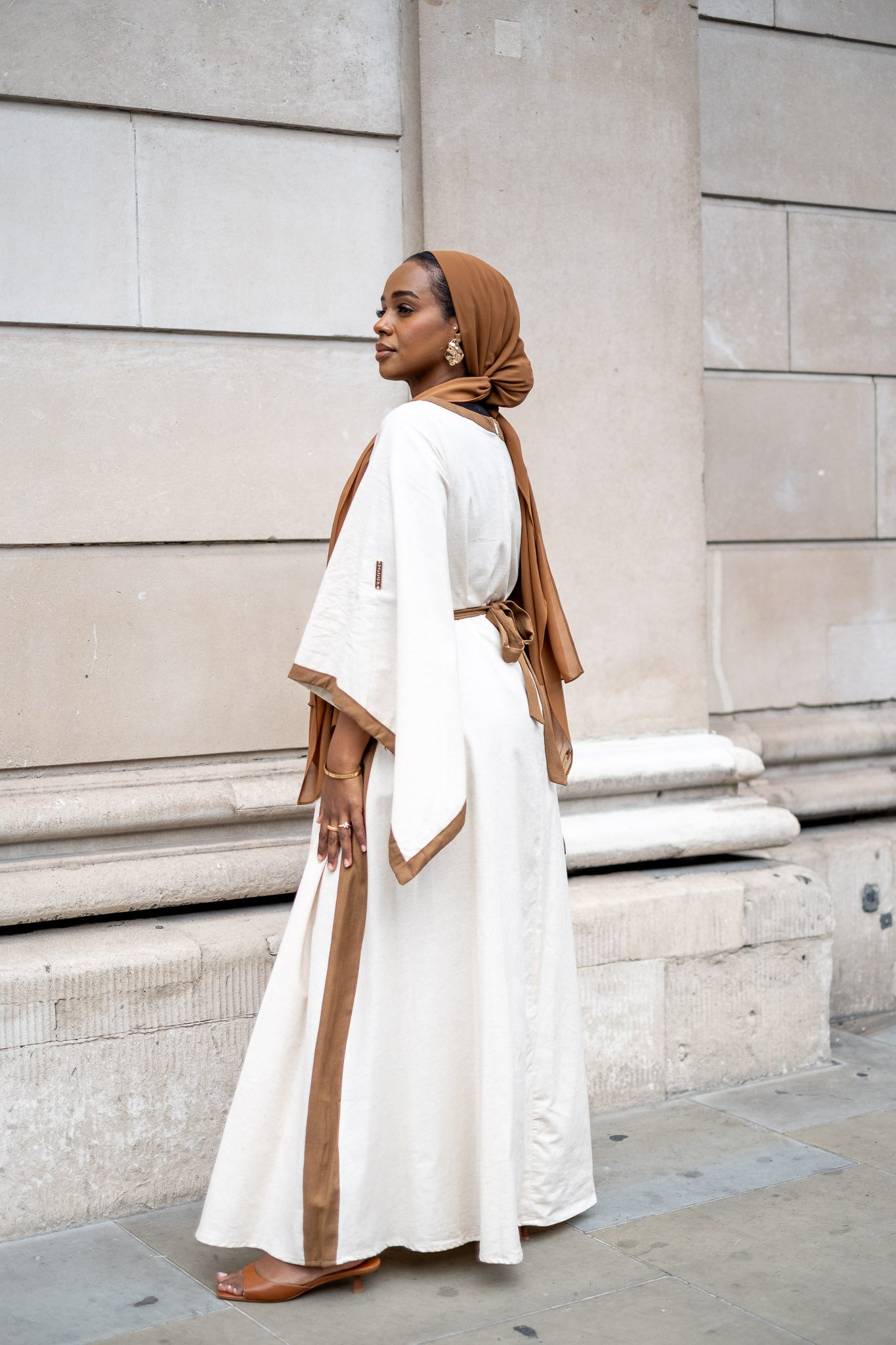 Belted Sand Modest Maxi dress with Chocolate Contrast Detailing